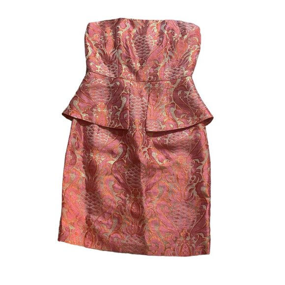 Laundry by Shelli Segal Pink Gold Bodycon Peplum‎ Pineapple Strapless Mini Dress - Picture 1 of 8